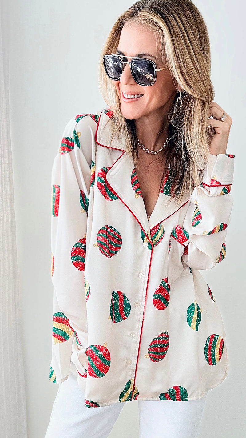 Christmas Ornament Pattern Satin Blouse-220 Intimates-Peach Love California-Coastal Bloom Boutique, find the trendiest versions of the popular styles and looks Located in Indialantic, FL