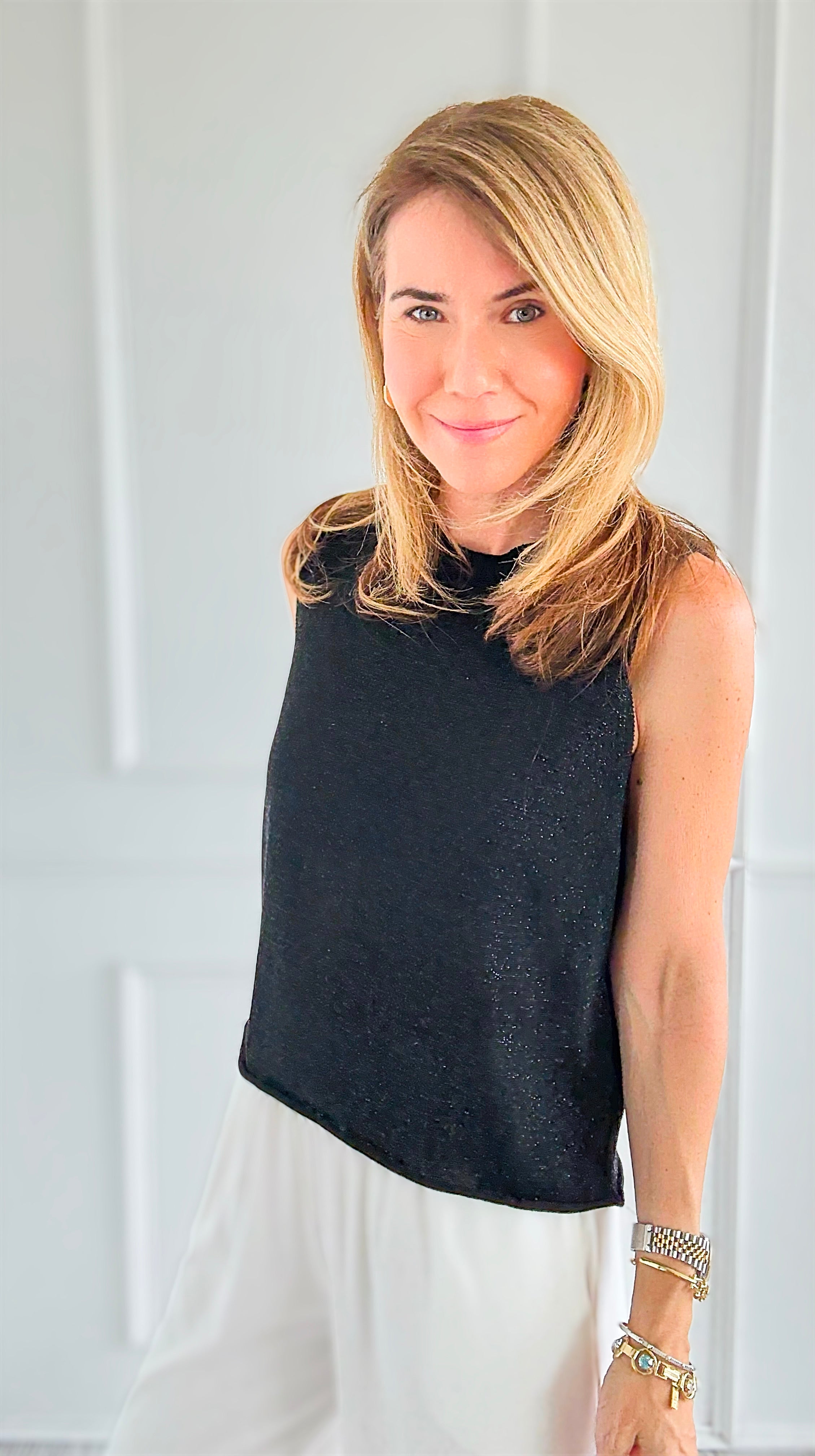 Glimmer Ease Italian Top- Black-100 Sleeveless Tops-LY PARIS-Coastal Bloom Boutique, find the trendiest versions of the popular styles and looks Located in Indialantic, FL