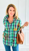Desert Mirage Plaid Italian Blouse-Green-110 Long Sleeve Tops-TATTOO Z-Coastal Bloom Boutique, find the trendiest versions of the popular styles and looks Located in Indialantic, FL