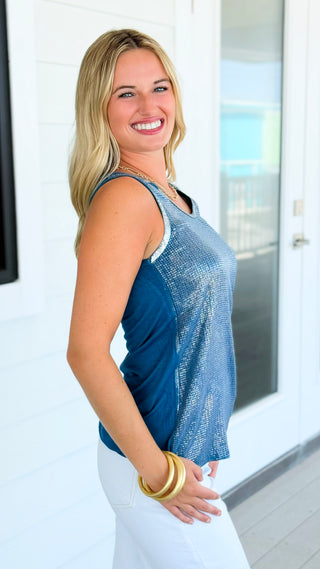 Sequin Jersey Italian Tank Top - Midnight Blue