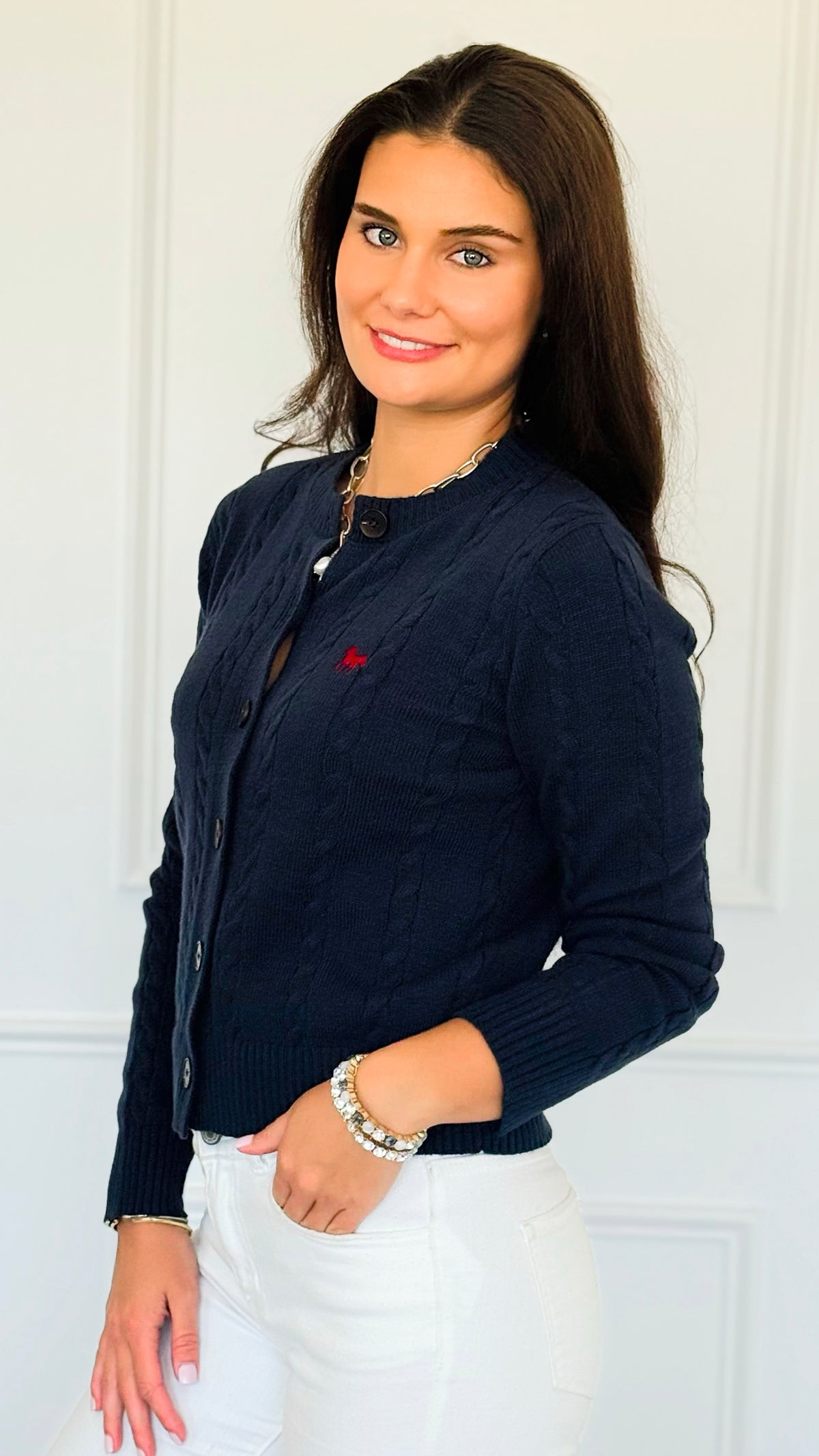Crimson Gallop Cable Cardigan-Navy-150 Cardigan Layers-Blu Pepper-Coastal Bloom Boutique, find the trendiest versions of the popular styles and looks Located in Indialantic, FL