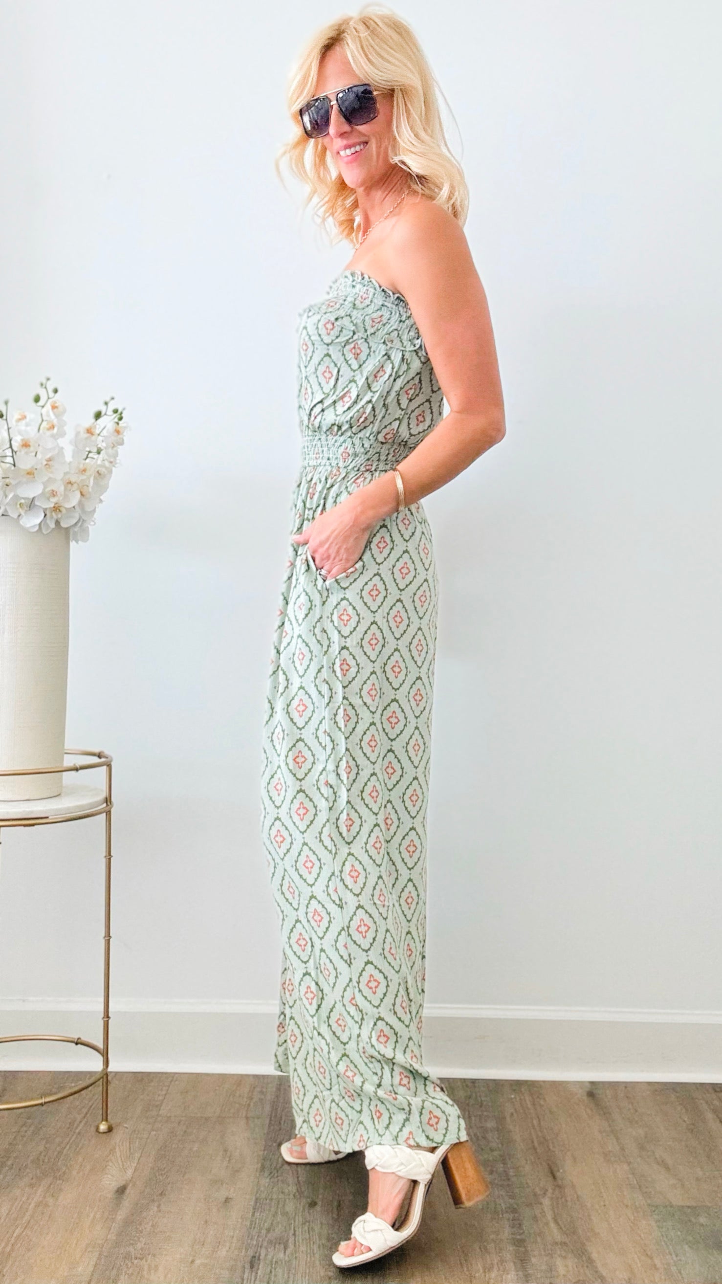 Boho Print Smocked Tube Jumpsuit - Sage-200 Dresses/Jumpsuits/Rompers-Rousseau-Coastal Bloom Boutique, find the trendiest versions of the popular styles and looks Located in Indialantic, FL