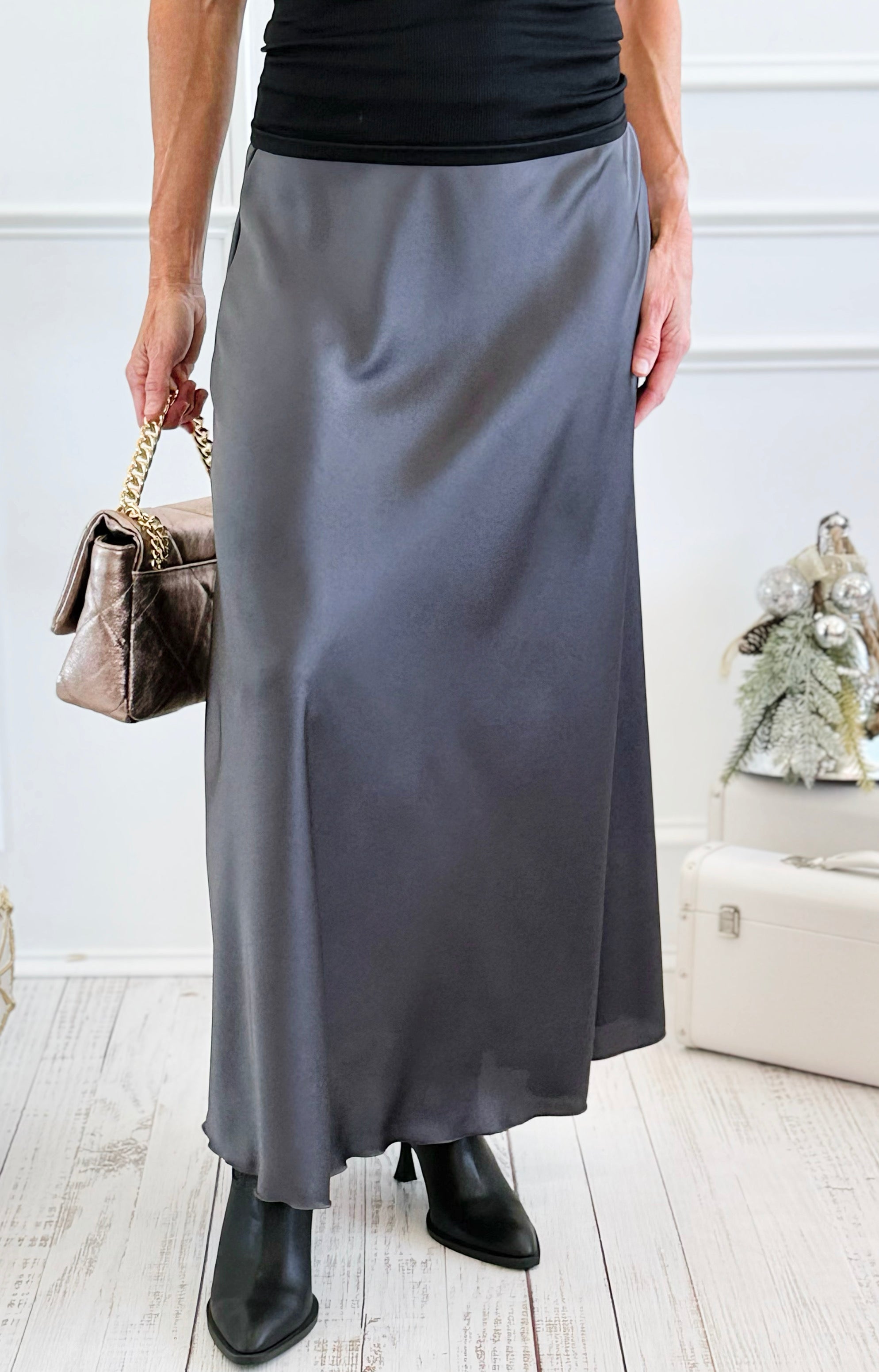 Isabella Italian Skirt- Charcoal-170 Bottoms-SEE YOU IN ROME-Coastal Bloom Boutique, find the trendiest versions of the popular styles and looks Located in Indialantic, FL