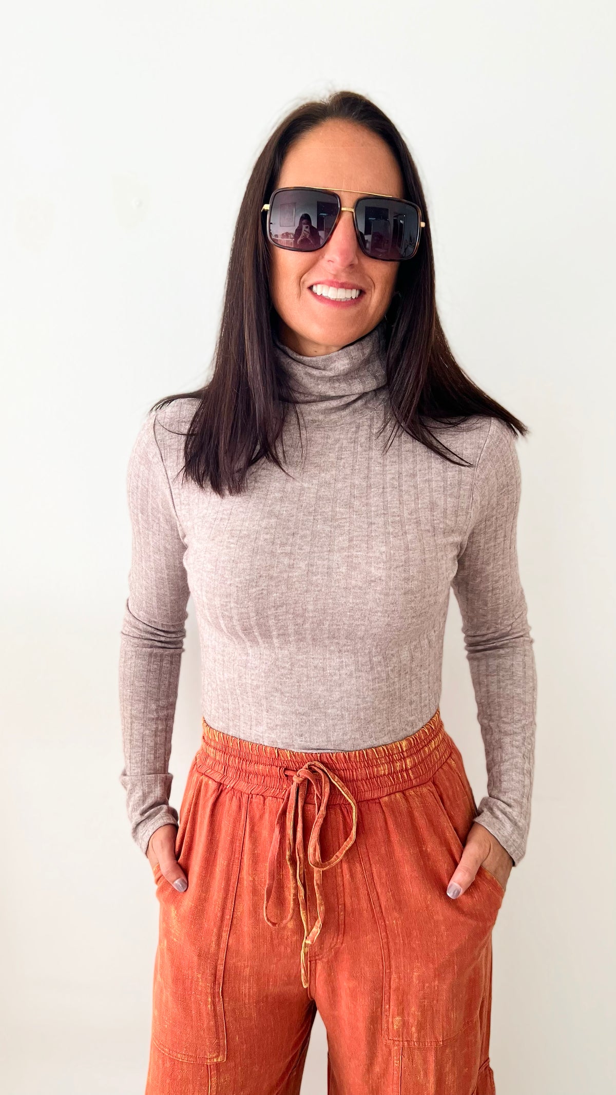 Ribbed Long Sleeve Turtle Neck Top - Ash Mahogany-130 Long Sleeve Tops-Zenana-Coastal Bloom Boutique, find the trendiest versions of the popular styles and looks Located in Indialantic, FL
