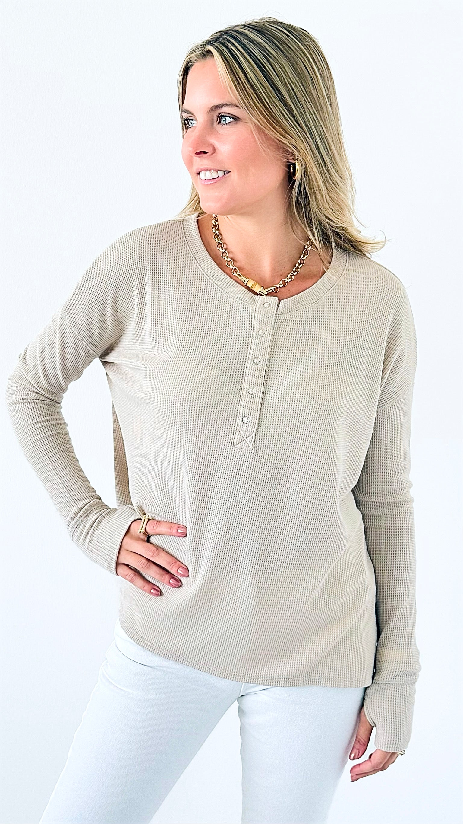 Button-Front Waffle Knit Top - Sand Beige-110 Long Sleeve Tops-Zenana-Coastal Bloom Boutique, find the trendiest versions of the popular styles and looks Located in Indialantic, FL