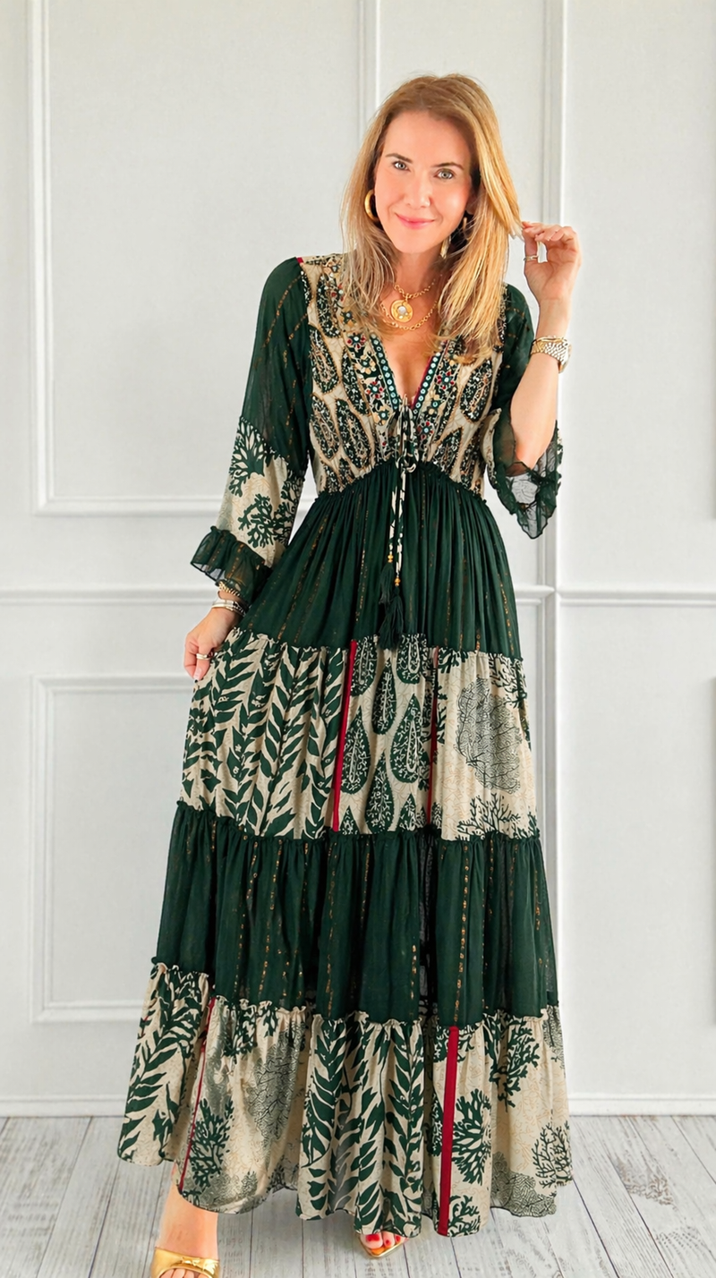 Paisley Embroidery Sequin Tassel Maxi Dress