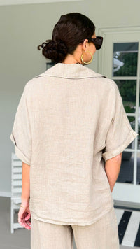 The Marlow Linen Italian Button Top- Taupe