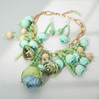 Floral Tassel Necklace Set - Mint