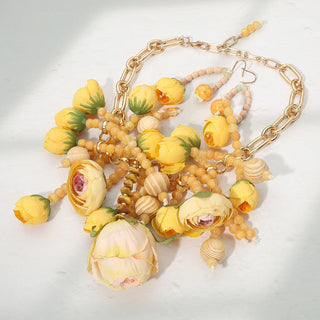 Floral Tassel Necklace Set - Yellow