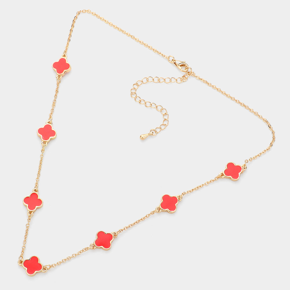 Quatrefoil Station Necklace - Red-230 Jewelry-Wona Trading-Coastal Bloom Boutique, find the trendiest versions of the popular styles and looks Located in Indialantic, FL