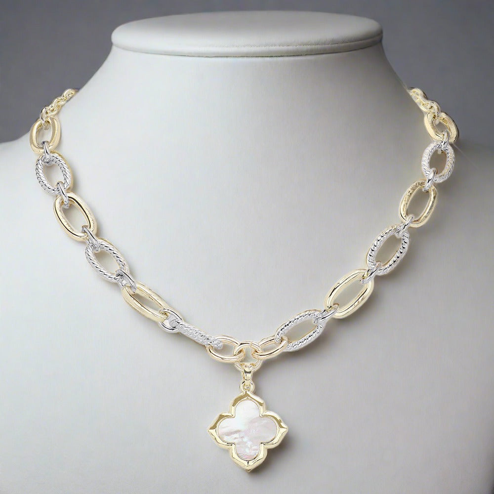 Two Tone 14K Quatrefoil Pearled Pendant Necklace-230 Jewelry-NYW-Coastal Bloom Boutique, find the trendiest versions of the popular styles and looks Located in Indialantic, FL