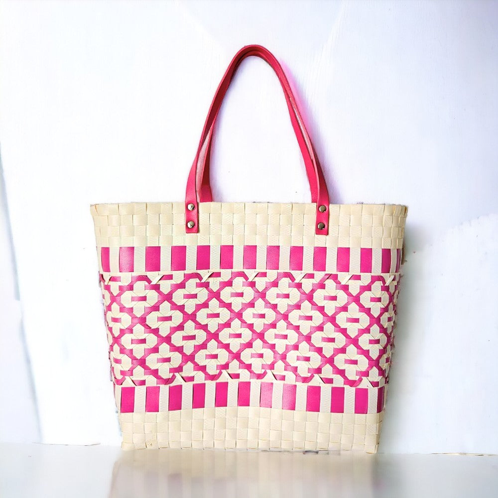 Quatrefoil Basket Weave Tote Bag - Pink-240 Bags-Wona Trading-Coastal Bloom Boutique, find the trendiest versions of the popular styles and looks Located in Indialantic, FL