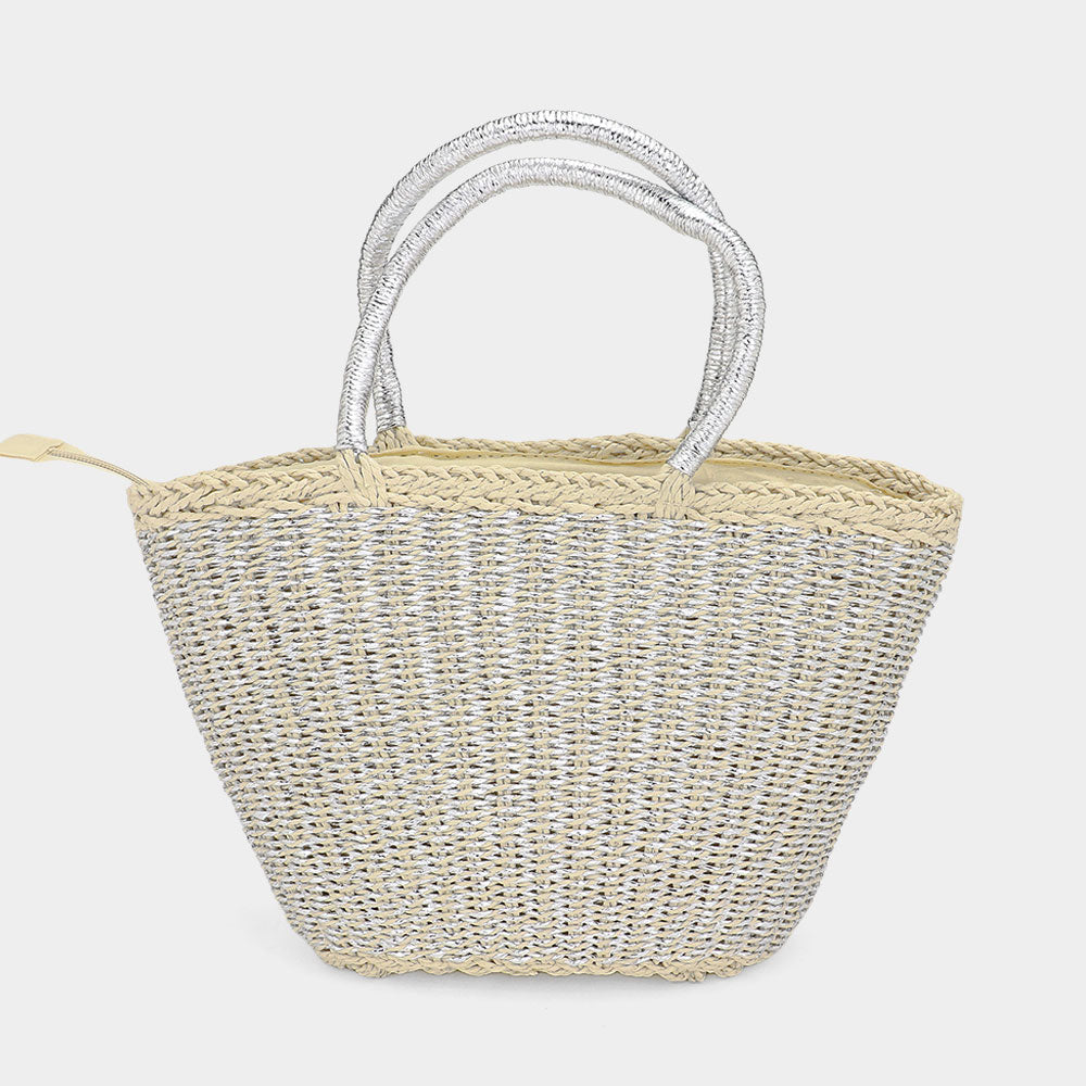 Raffia Metallic Woven Straw Tote Bag-240 Bags-Wona Trading-Coastal Bloom Boutique, find the trendiest versions of the popular styles and looks Located in Indialantic, FL