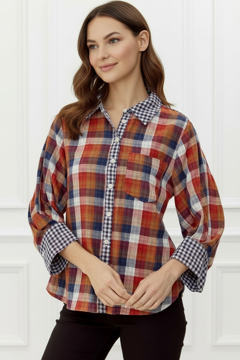 Checkmate Contrast Button Down Top-130 Long Sleeve Tops-JODIFL-Coastal Bloom Boutique, find the trendiest versions of the popular styles and looks Located in Indialantic, FL