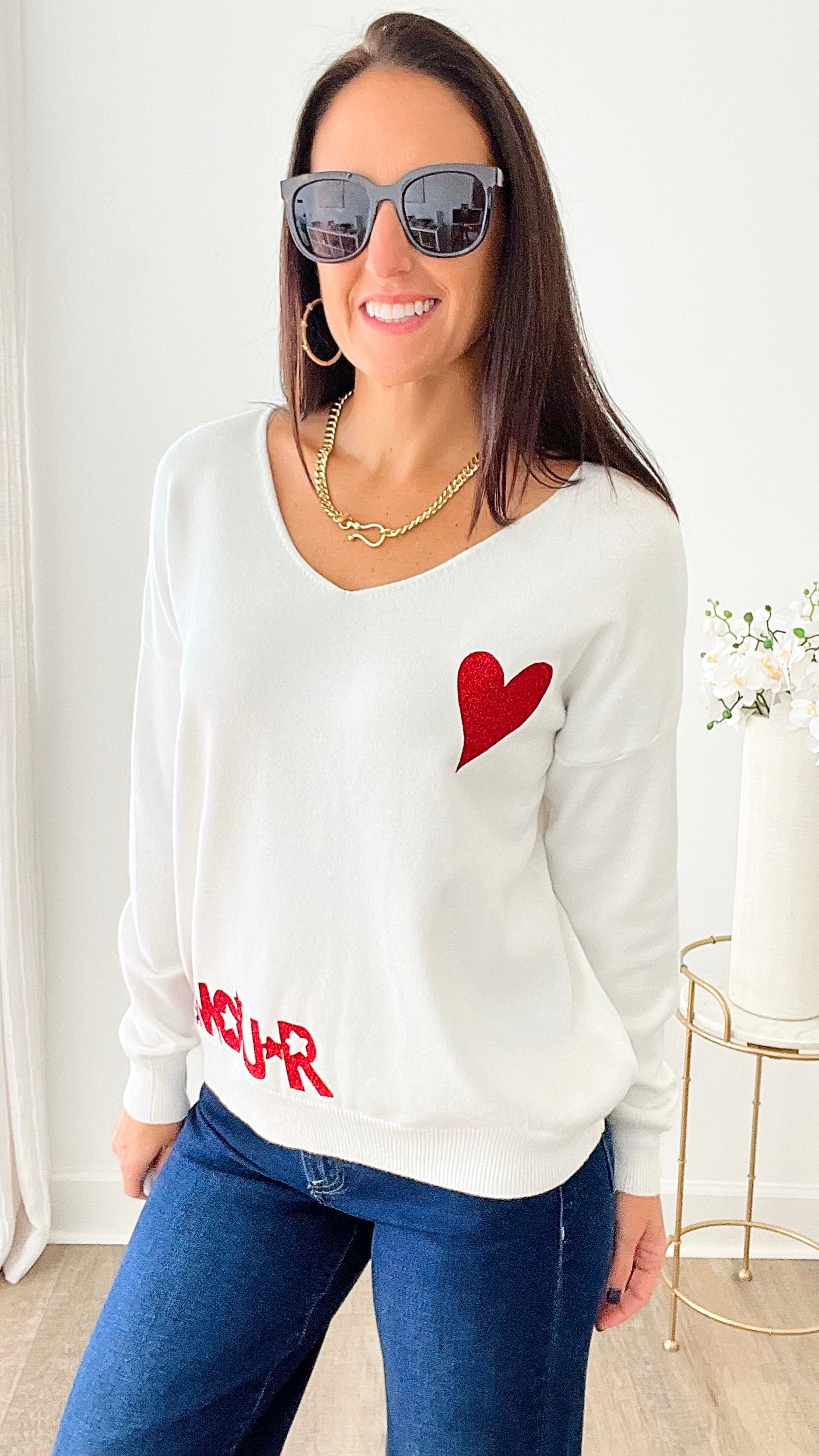 Italian Heart Shimmer Sweater - White/Red-130 Long sleeve top-VENTI6 OUTLET-Coastal Bloom Boutique, find the trendiest versions of the popular styles and looks Located in Indialantic, FL
