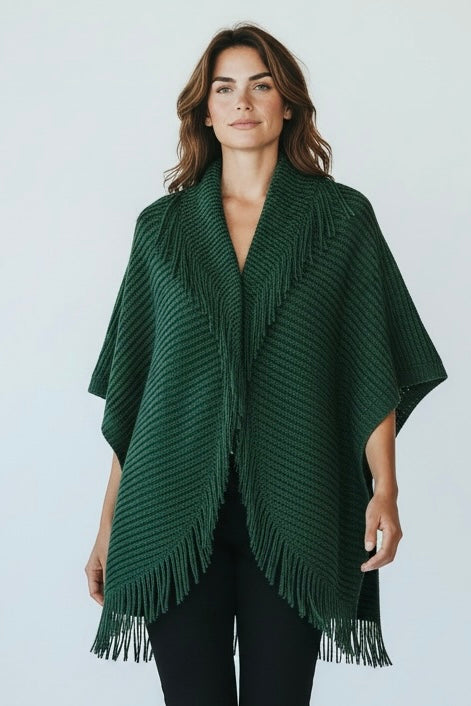 Solid Knit Fringe Trim Cocoon Shawl - Green-150 Cardigans/Layers-NYW-Coastal Bloom Boutique, find the trendiest versions of the popular styles and looks Located in Indialantic, FL