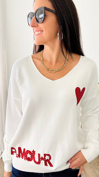 Italian Heart Shimmer Sweater - White/Red-130 Long sleeve top-VENTI6 OUTLET-Coastal Bloom Boutique, find the trendiest versions of the popular styles and looks Located in Indialantic, FL