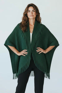 Solid Knit Fringe Trim Cocoon Shawl - Green-150 Cardigans/Layers-NYW-Coastal Bloom Boutique, find the trendiest versions of the popular styles and looks Located in Indialantic, FL