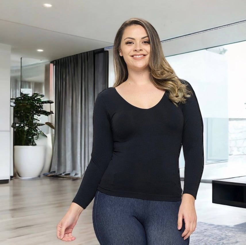 Seamless Reversible V-Neck Long Sleeve Plus - Black-130 Long Sleeve Tops-YELETE-Coastal Bloom Boutique, find the trendiest versions of the popular styles and looks Located in Indialantic, FL