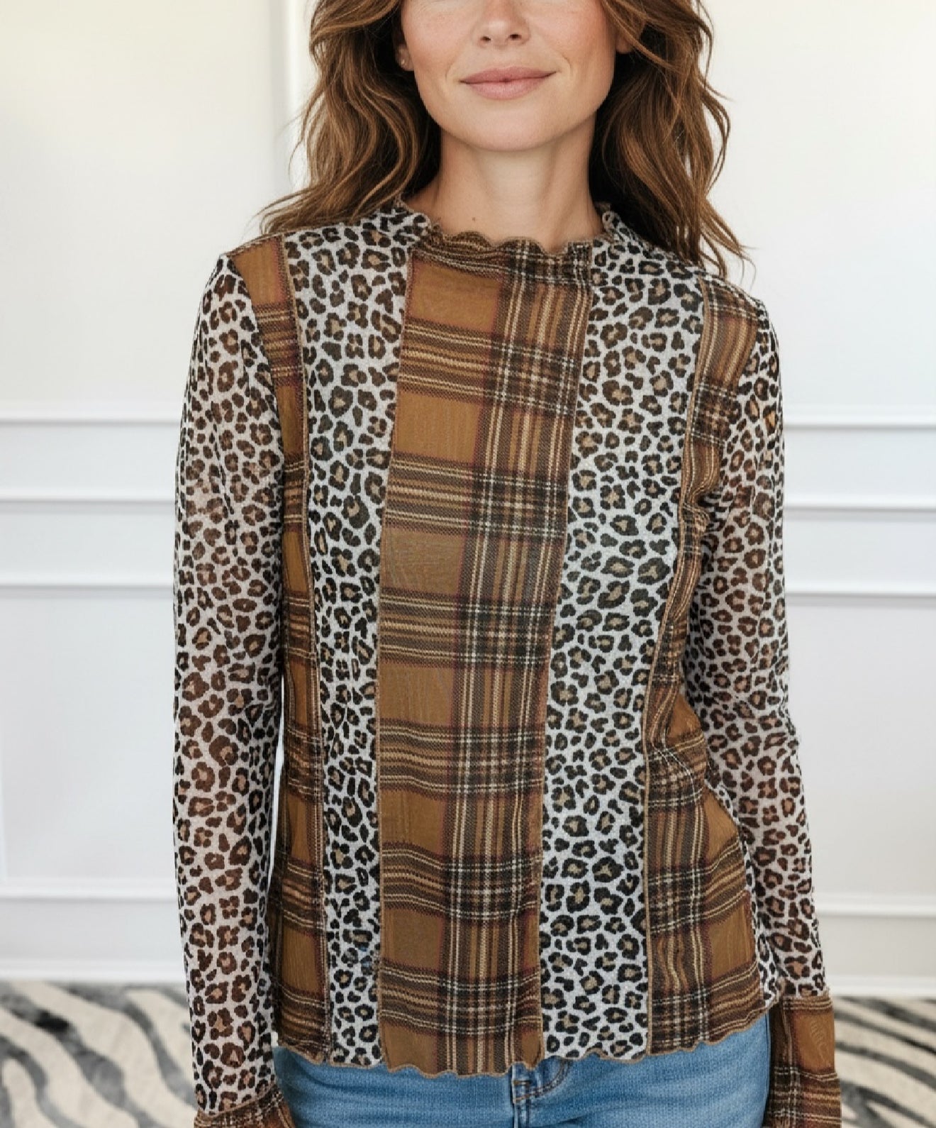 Wild Mix Sheer Panel Long Sleeve Top