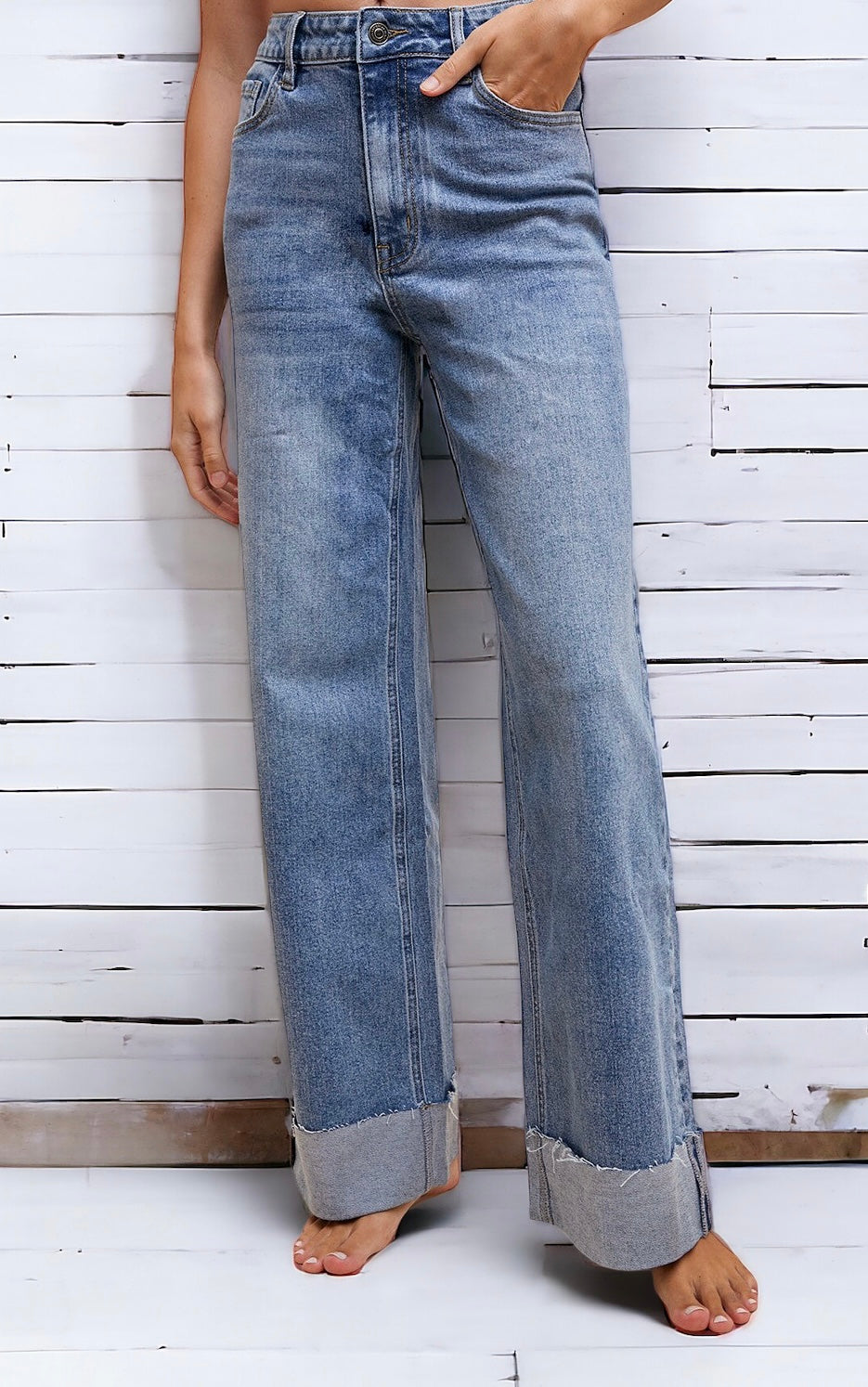 90S Stretch Cuffed Hem High Rise Straight Jeans - Medium Indigo-190 Denim-Anniewear-Coastal Bloom Boutique, find the trendiest versions of the popular styles and looks Located in Indialantic, FL