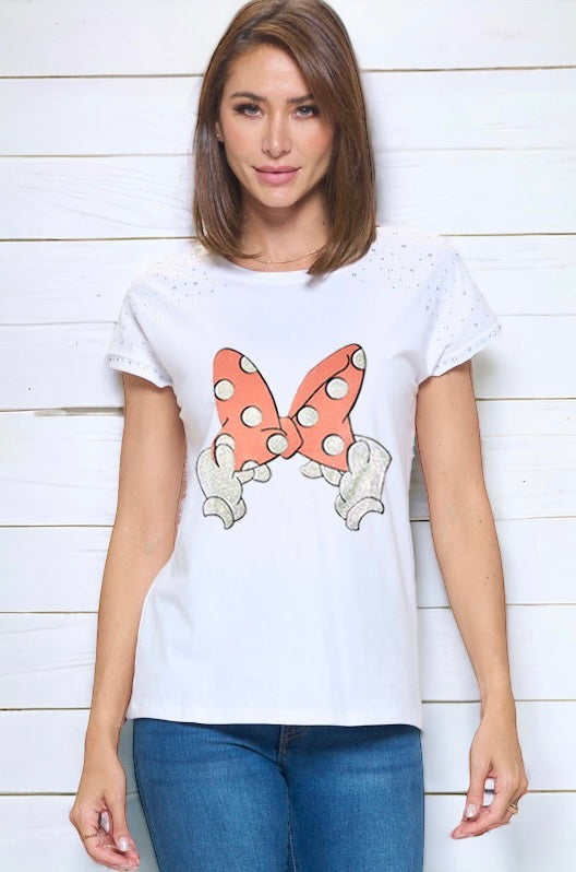 Polka Dot Bow Embellished Graphic Top-110 Short Sleeve Tops-IN2YOU-Coastal Bloom Boutique, find the trendiest versions of the popular styles and looks Located in Indialantic, FL