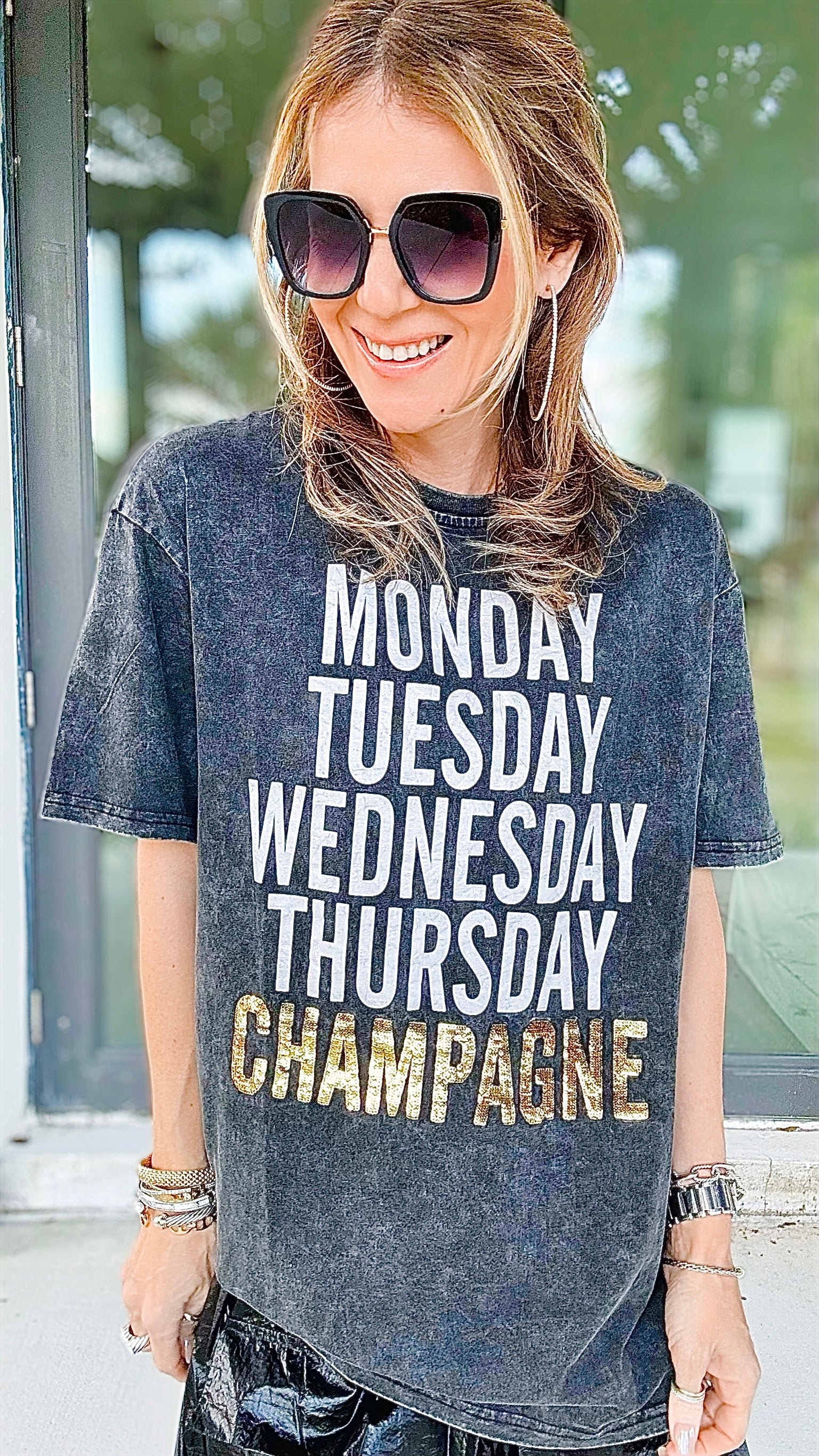 Champagne Days Sequin Trim Shirt-110 Short Sleeve Tops-Main Strip-Coastal Bloom Boutique, find the trendiest versions of the popular styles and looks Located in Indialantic, FL