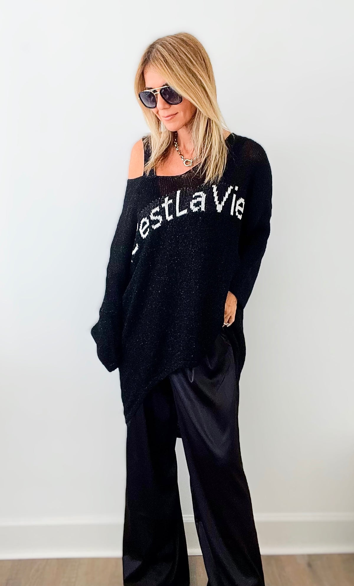 Italian C'est La Vie Knit Pullover - Black/White-140 Sweaters-Yolly-Coastal Bloom Boutique, find the trendiest versions of the popular styles and looks Located in Indialantic, FL