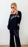 Italian C'est La Vie Knit Pullover - Black/White-140 Sweaters-Germany-Coastal Bloom Boutique, find the trendiest versions of the popular styles and looks Located in Indialantic, FL
