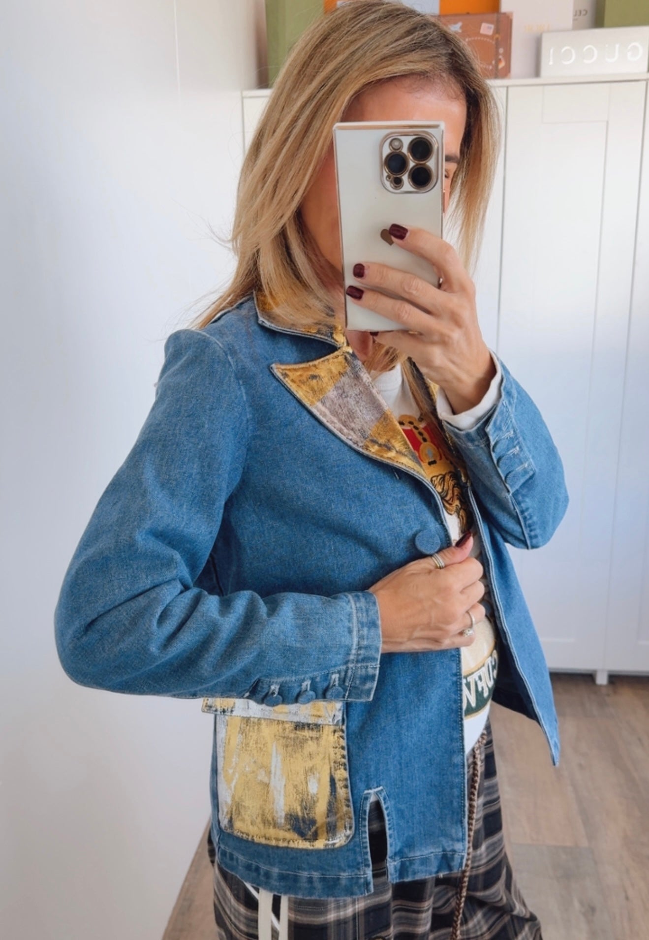 CB Custom - Golden Manifest Denim Blazer-160 Jackets-Rousseau / Holly-Coastal Bloom Boutique, find the trendiest versions of the popular styles and looks Located in Indialantic, FL