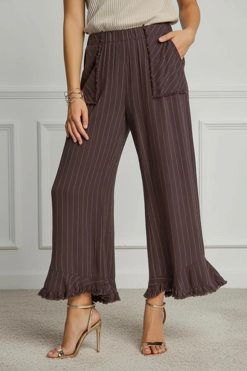 Pinstripe Ruffle Hem Pants-170 Bottoms/Shorts-Umgee-Coastal Bloom Boutique, find the trendiest versions of the popular styles and looks Located in Indialantic, FL