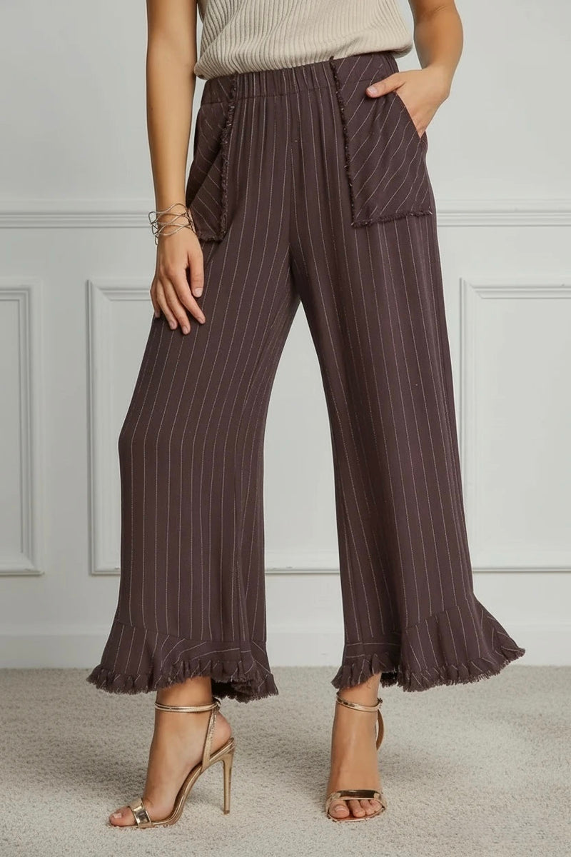 Pinstripe Ruffle Hem Pants-170 Bottoms/Shorts-Umgee-Coastal Bloom Boutique, find the trendiest versions of the popular styles and looks Located in Indialantic, FL