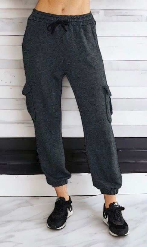 Drawstring Cargo French Terry Sweat Pants - Charcoal-170 Bottoms-VENTI6 OUTLET-Coastal Bloom Boutique, find the trendiest versions of the popular styles and looks Located in Indialantic, FL
