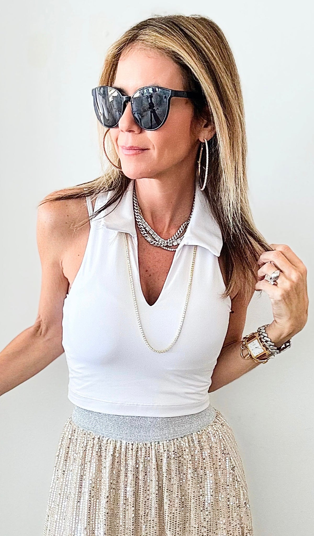 Cropped Collared Bra Tank - White-100 Sleeveless Tops-Rae Mode-Coastal Bloom Boutique, find the trendiest versions of the popular styles and looks Located in Indialantic, FL