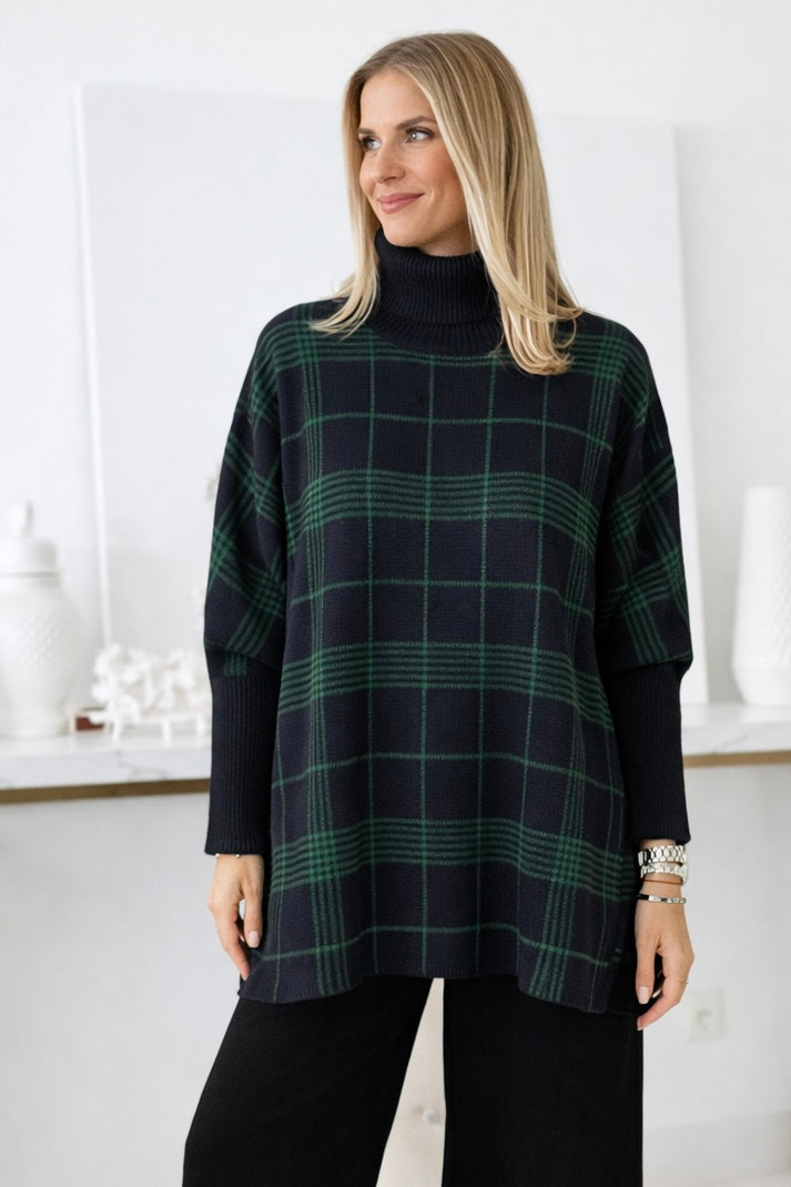 Windowpane Whisper Turtleneck Poncho - Green