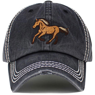 A dark gray washed baseball cap featuring a brown embroidered horse logo on the front, with white contrast stitching on the panels and brim.