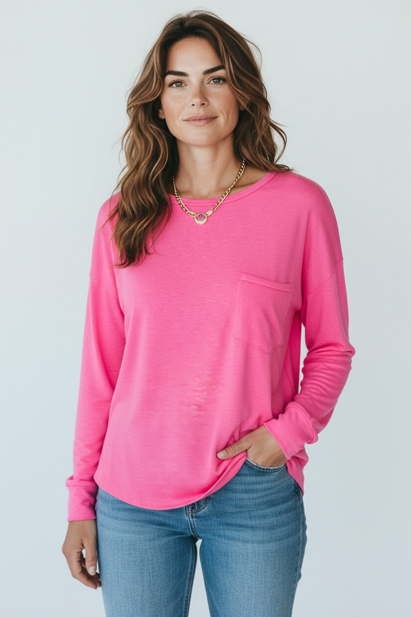 Pink Heather Long Sleeve Pocket T-Shirt-110 Long Sleeve Tops-sew in love-Coastal Bloom Boutique, find the trendiest versions of the popular styles and looks Located in Indialantic, FL