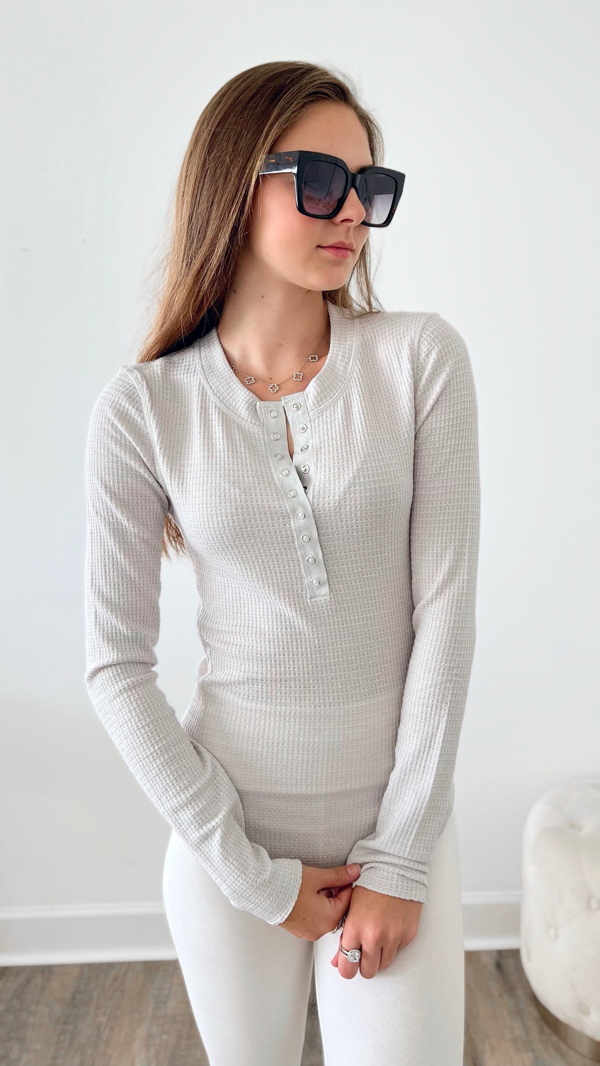 Baby Waffle Snap Button Sweater - Bone-130 Long Sleeve Tops-Zenana-Coastal Bloom Boutique, find the trendiest versions of the popular styles and looks Located in Indialantic, FL