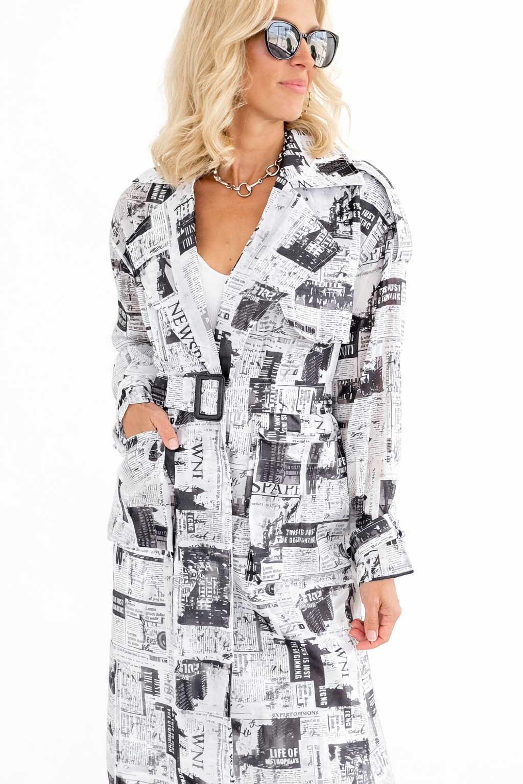 Newspaper Print Belted Trench Dress