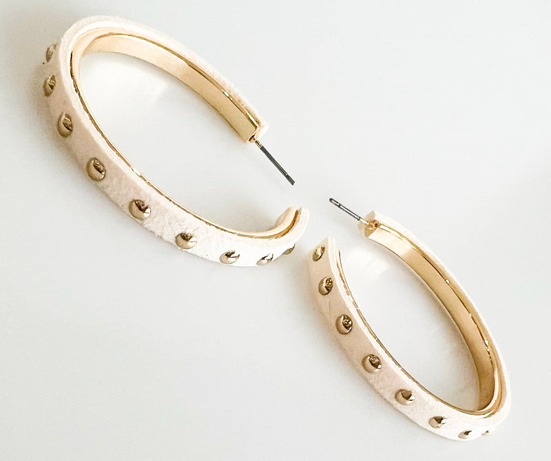 Leather Lined Studded Hoops - Cream-230 Jewelry-GS JEWELRY-Coastal Bloom Boutique, find the trendiest versions of the popular styles and looks Located in Indialantic, FL