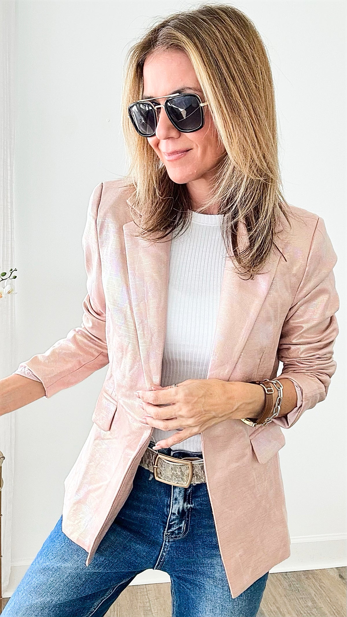 Shimmery Lapel Open Front Jacket - Pink-160 Jackets-HIGH MJ / Michel-Coastal Bloom Boutique, find the trendiest versions of the popular styles and looks Located in Indialantic, FL