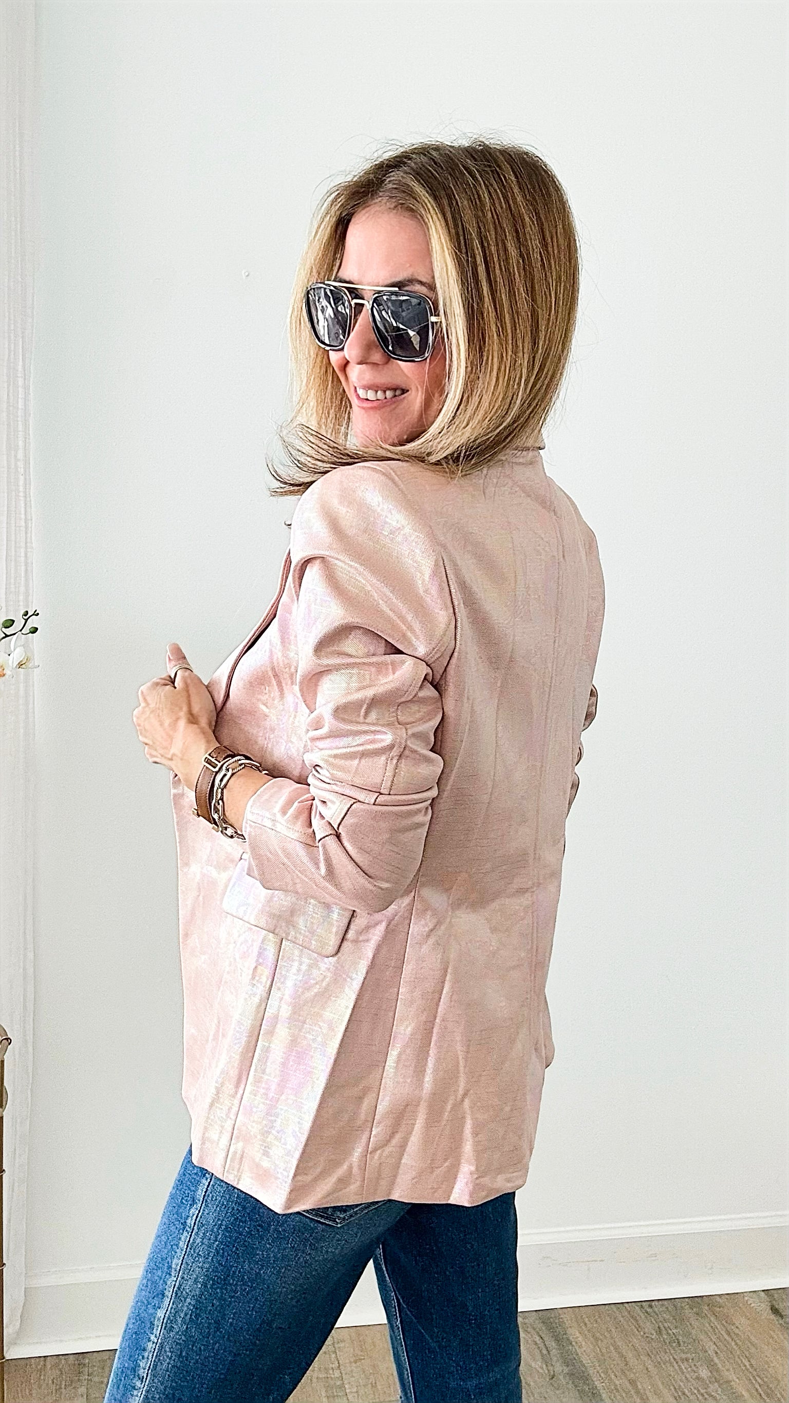 Shimmery Lapel Open Front Jacket - Pink-160 Jackets-HIGH MJ / Michel-Coastal Bloom Boutique, find the trendiest versions of the popular styles and looks Located in Indialantic, FL