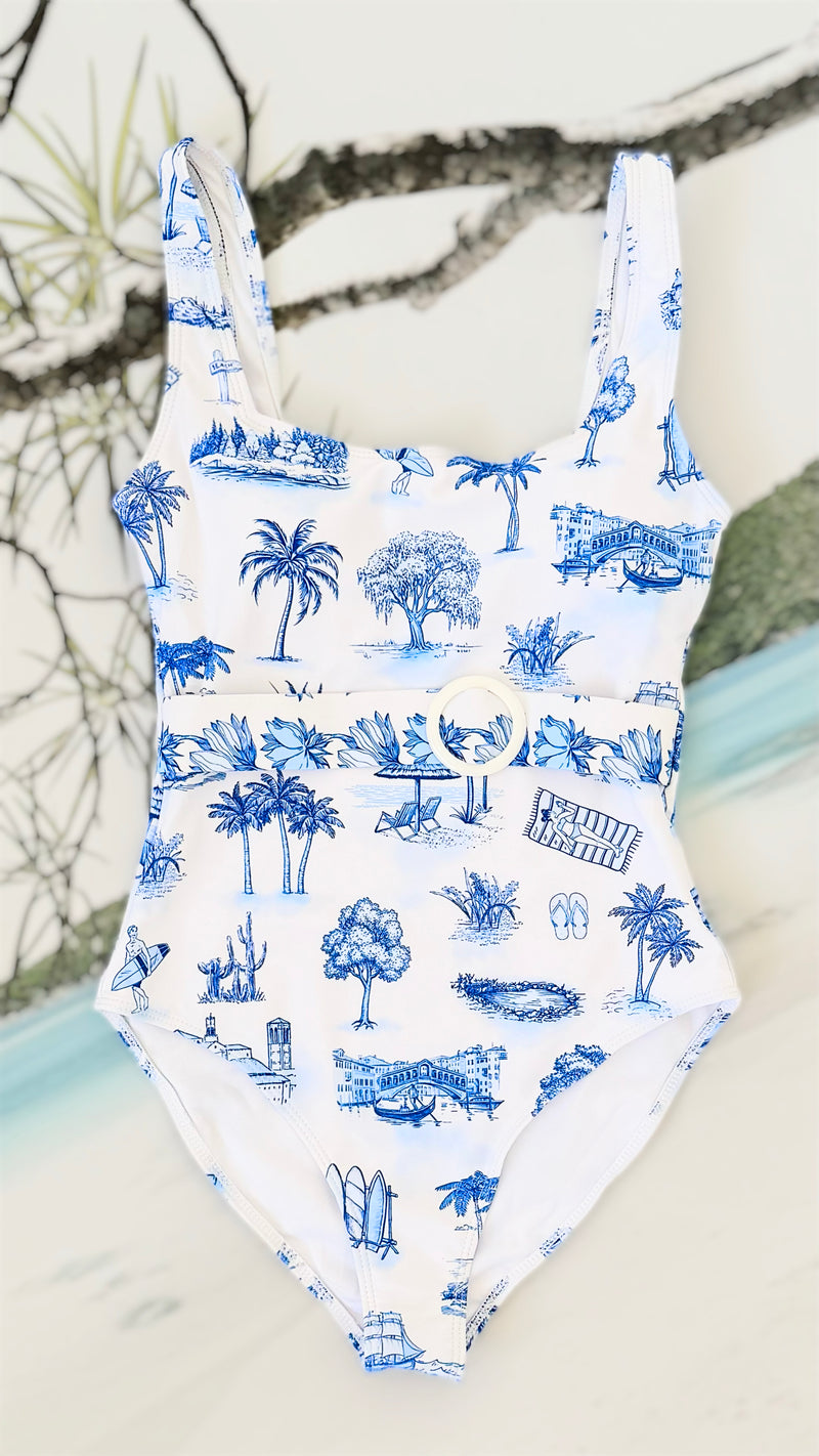 Scenic Toile Belted Swimsuit-220 Intimates-Endless Moon-Coastal Bloom Boutique, find the trendiest versions of the popular styles and looks Located in Indialantic, FL