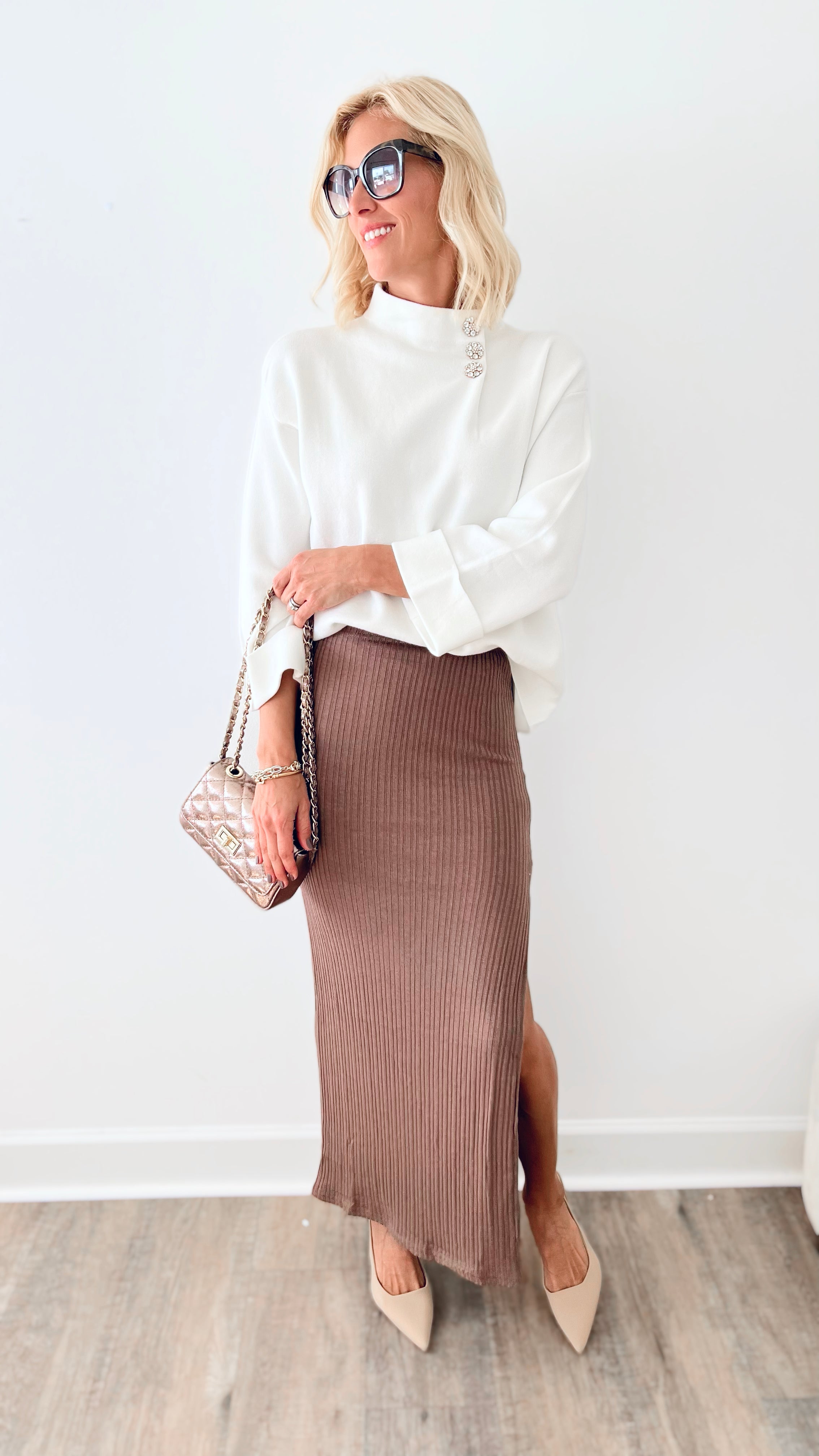 Fashionista Ribbed Knit Side Slit Maxi Skirt - Mocha Brown-170 Bottoms-HYFVE-Coastal Bloom Boutique, find the trendiest versions of the popular styles and looks Located in Indialantic, FL