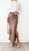 Fashionista Ribbed Knit Side Slit Maxi Skirt - Mocha Brown-170 Bottoms-HYFVE-Coastal Bloom Boutique, find the trendiest versions of the popular styles and looks Located in Indialantic, FL