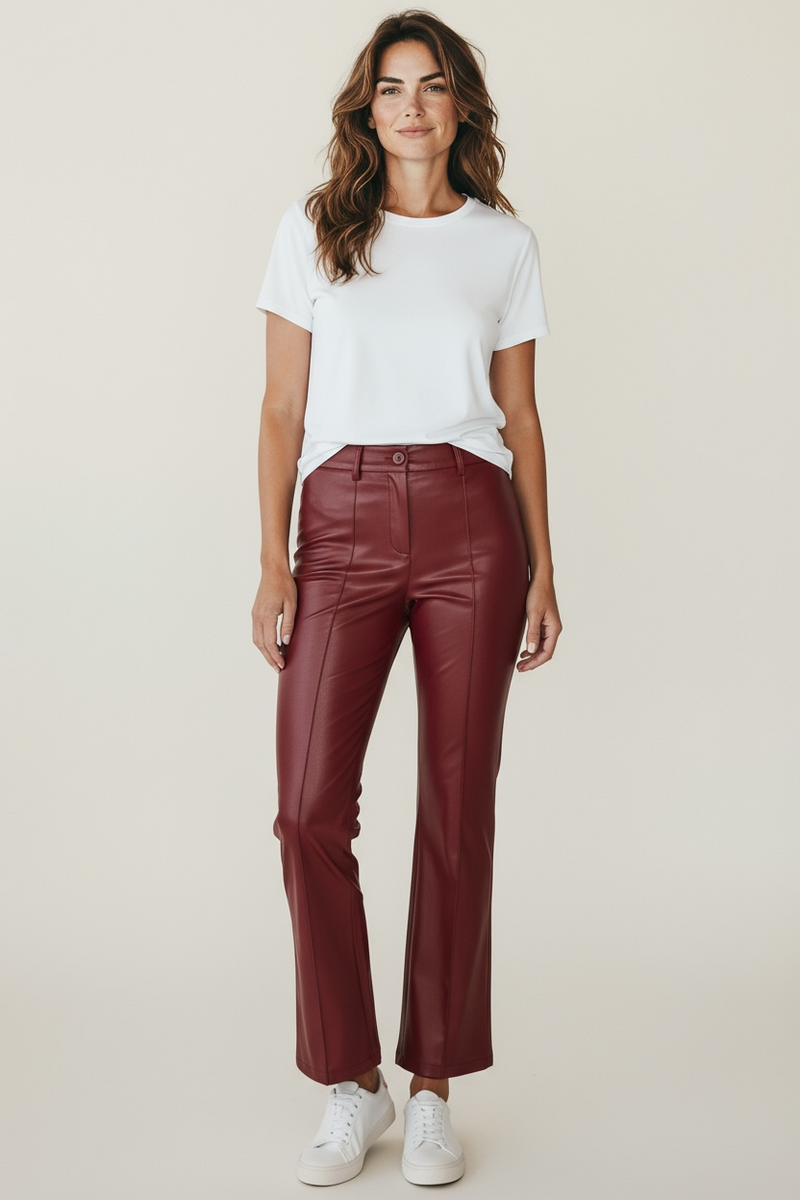 Faux Leather Pintuck Flared Trousers - Burgundy-170 Bottoms-Must Have-Coastal Bloom Boutique, find the trendiest versions of the popular styles and looks Located in Indialantic, FL