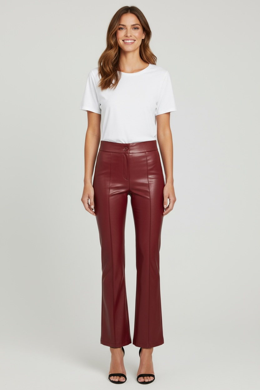 Faux Leather Pintuck Flared Trousers - Burgundy-170 Bottoms-Must Have-Coastal Bloom Boutique, find the trendiest versions of the popular styles and looks Located in Indialantic, FL