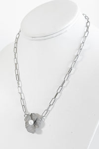 Micropave Pearl Rose Paperclip Necklace - Silver-230 Jewelry-NYC-Coastal Bloom Boutique, find the trendiest versions of the popular styles and looks Located in Indialantic, FL