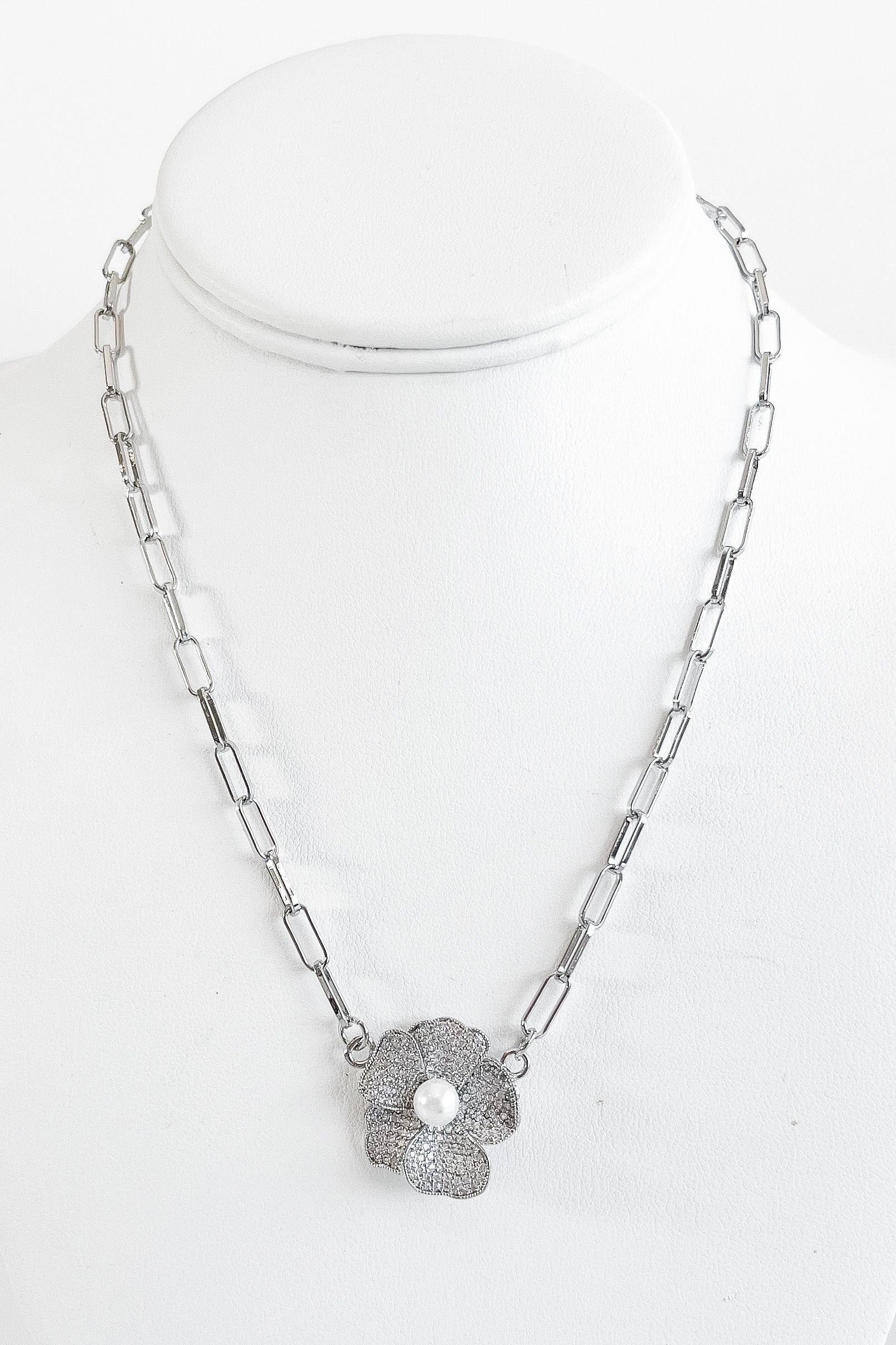 Micropave Pearl Rose Paperclip Necklace - Silver-230 Jewelry-NYC-Coastal Bloom Boutique, find the trendiest versions of the popular styles and looks Located in Indialantic, FL