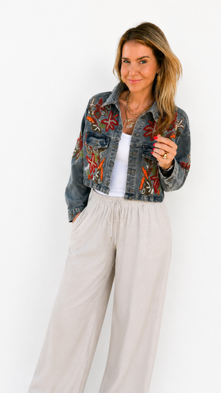 Floral Embroidered Denim Crop Jacket